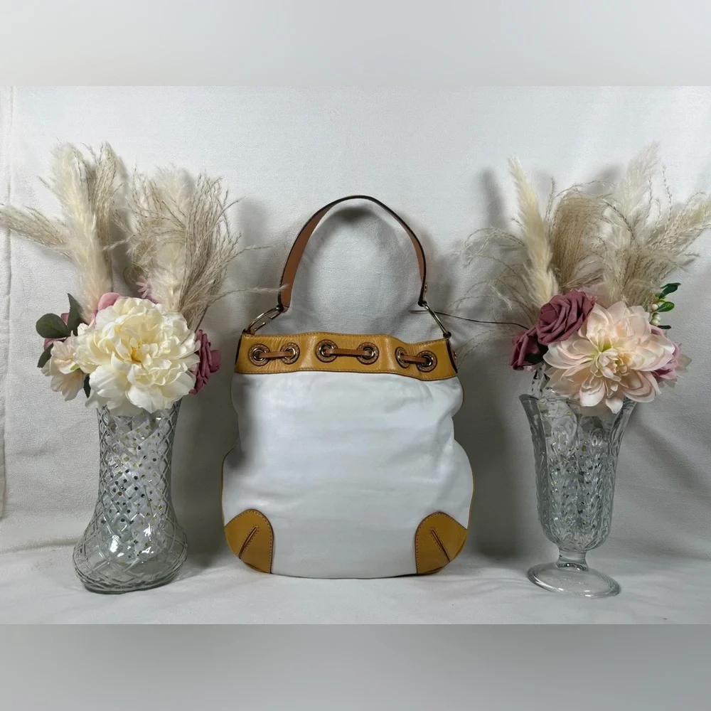 Michael Kors White And Tan Leather Bucket Bag